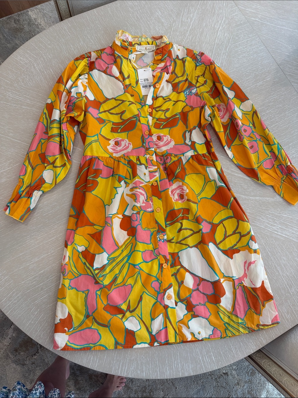 Flora Bea NYC XS NWT Floral Button-Front Dress in Mustard, Pink & White